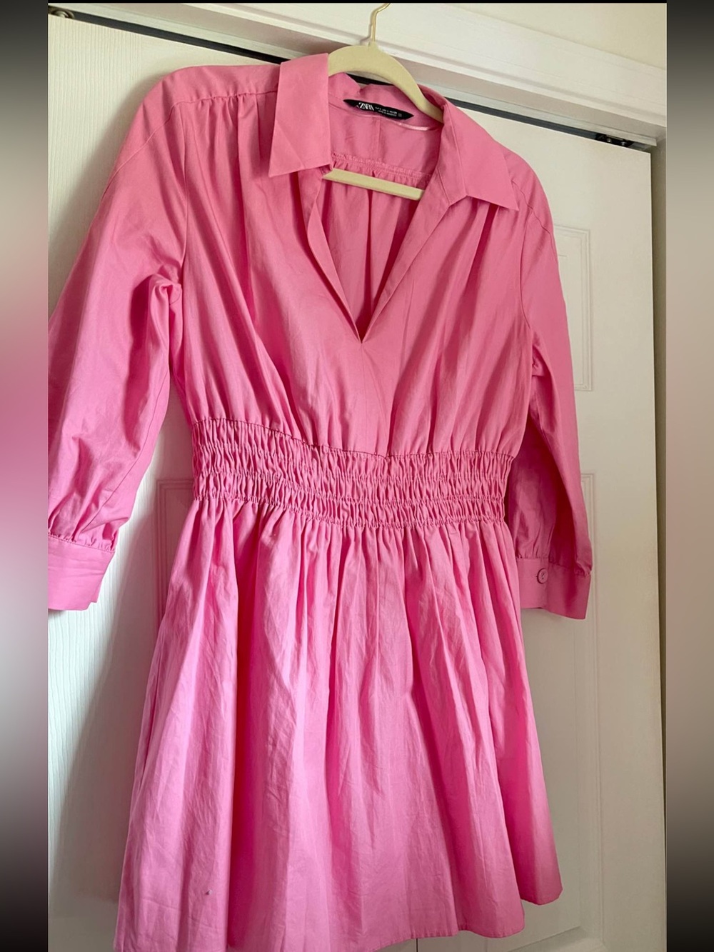 Zara Girls Bright Pink Shirred-Waist Collared Dress